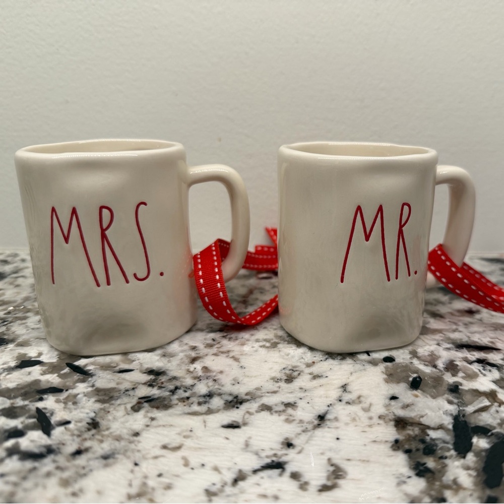 Rae Dunn Mr and Mrs ornament mug set with ribbon